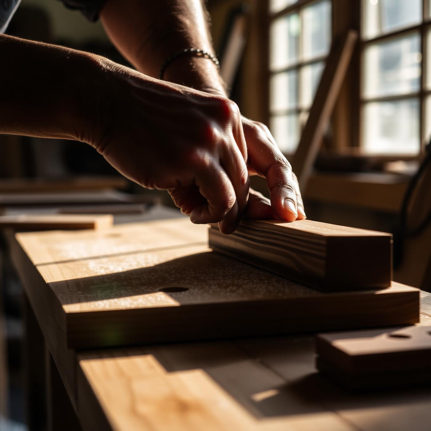 Artisan hand-sanding a walnut joinery detail