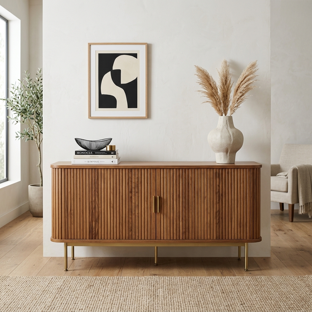 Modern Fluted Hardwood Credenza